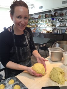 Chef Jennifer McIlvaine kneading Torta di Pasqua dough.